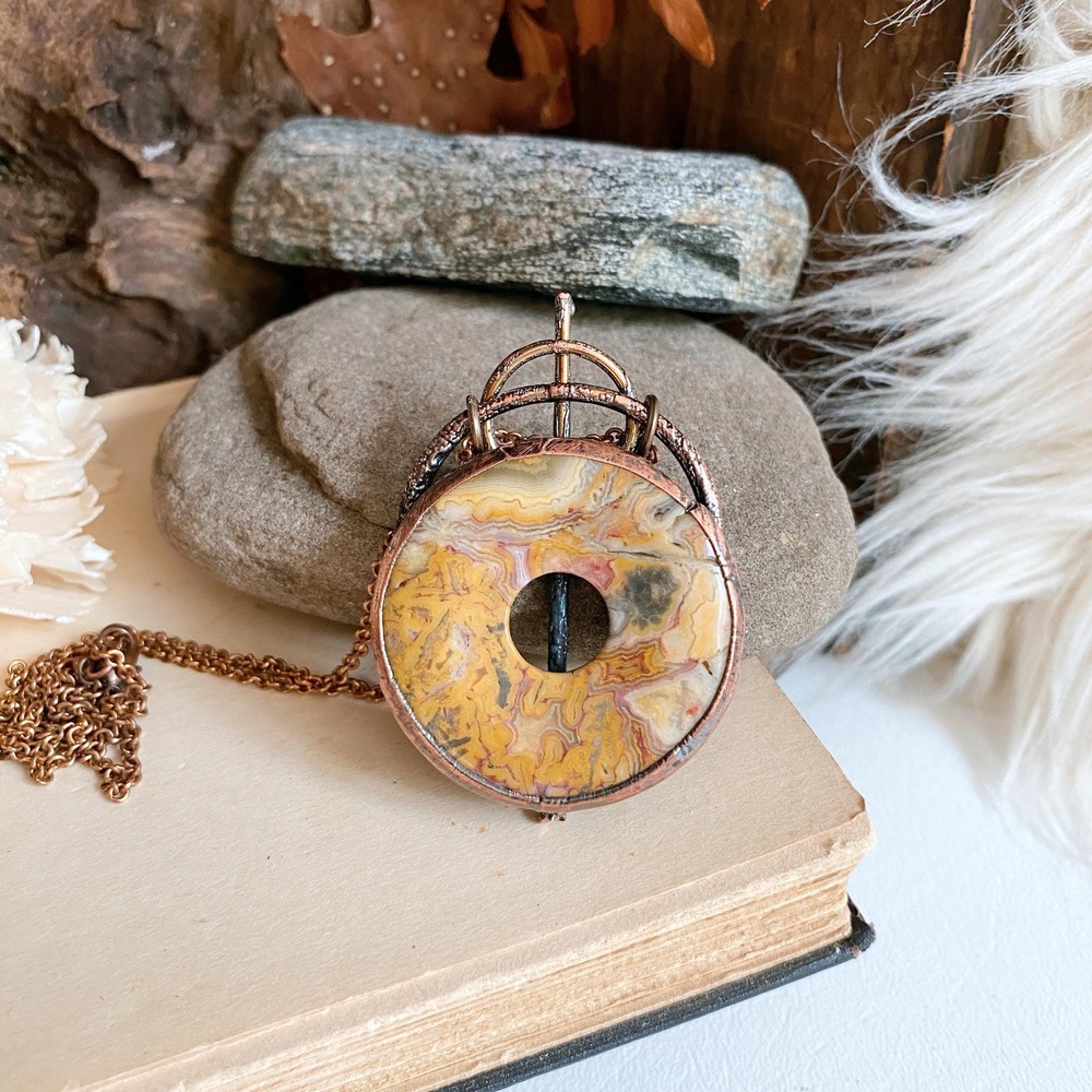 Electroformed Copper Crazy Lace Agate Totem Pendant Necklace | Stone of Laughter